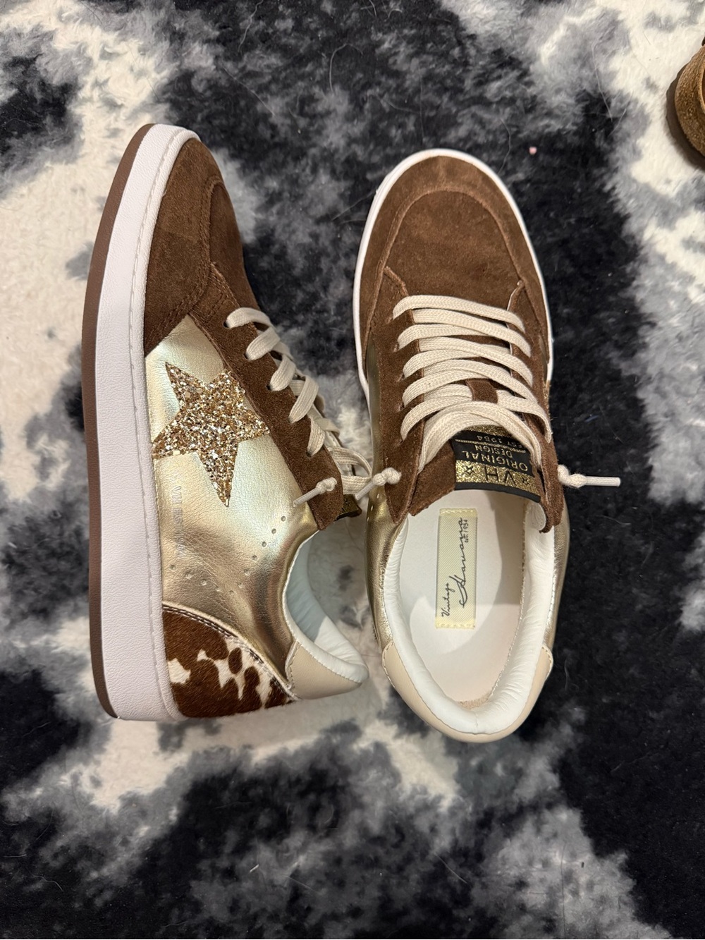 Vintage Havana Brown Suede Sneakers with Gold Star Accent